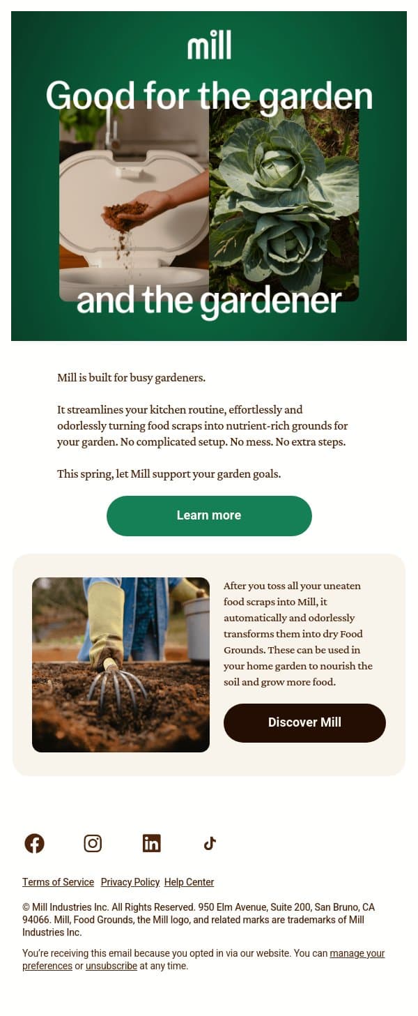 Built for busy gardeners 🪴 email from Mill screenshot