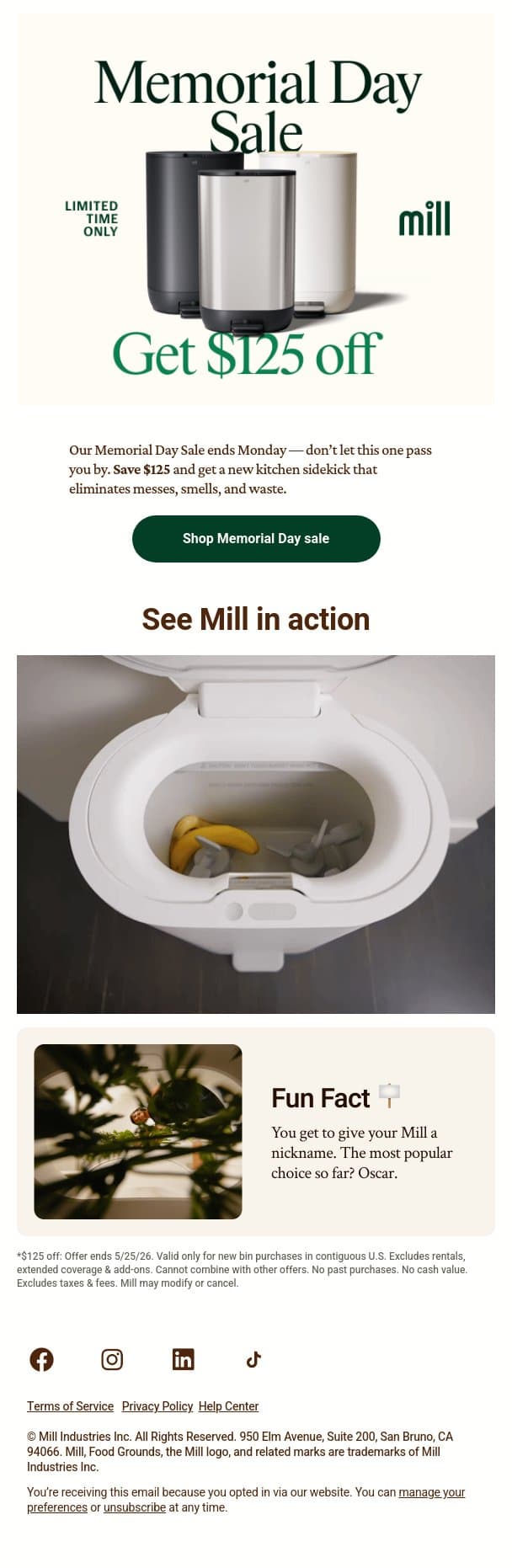 This weekend only — save $125 email from Mill screenshot