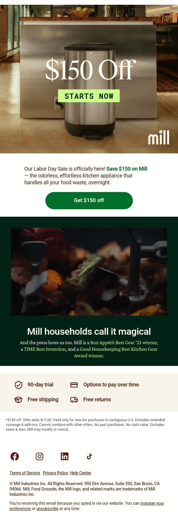 $150 off — Labor Day Sale is here 🎉 email from Mill screenshot