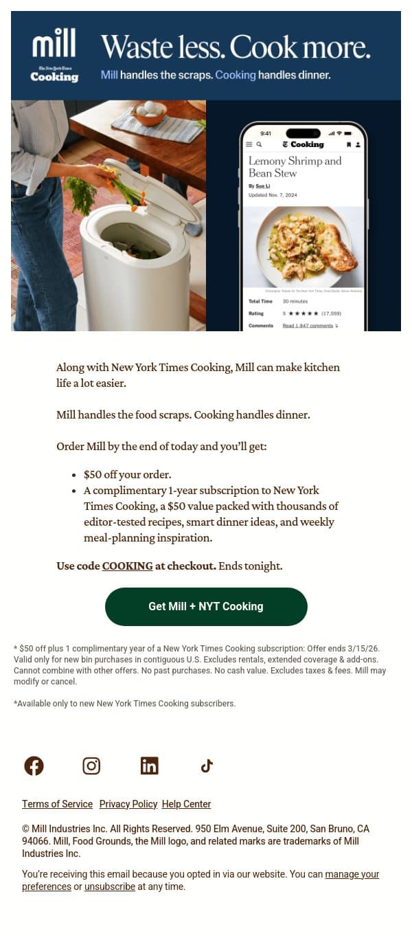 Last chance: $50 off + a year of NYT Cooking email from Mill screenshot