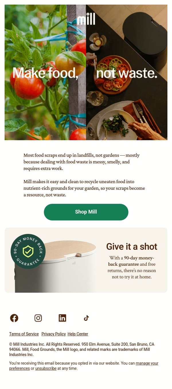 Give food scraps a second life 🌱 email from Mill screenshot