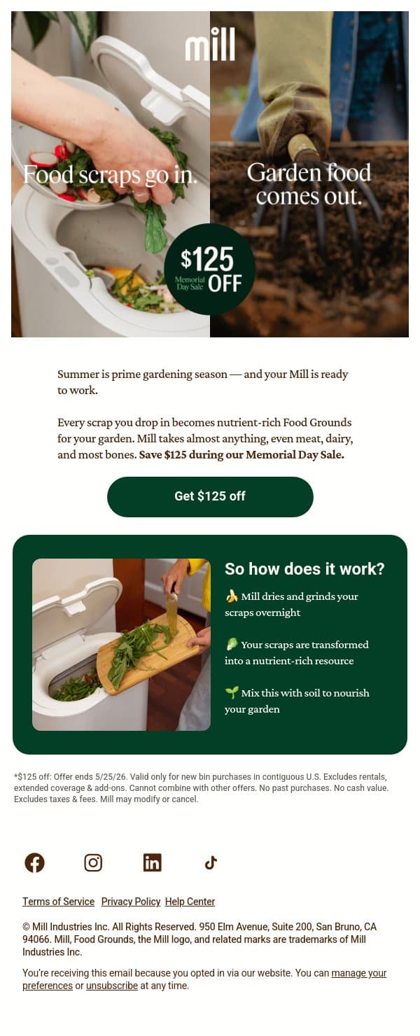 Feed your garden from the table email from Mill screenshot