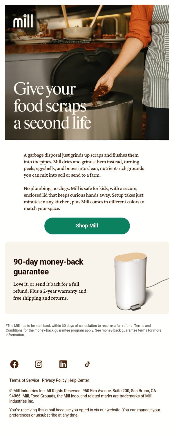 Break up with your garbage disposal email from Mill screenshot