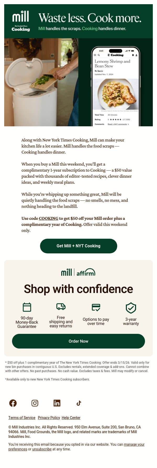 Get a complimentary year of NYT Cooking 🍽️ email from Mill screenshot