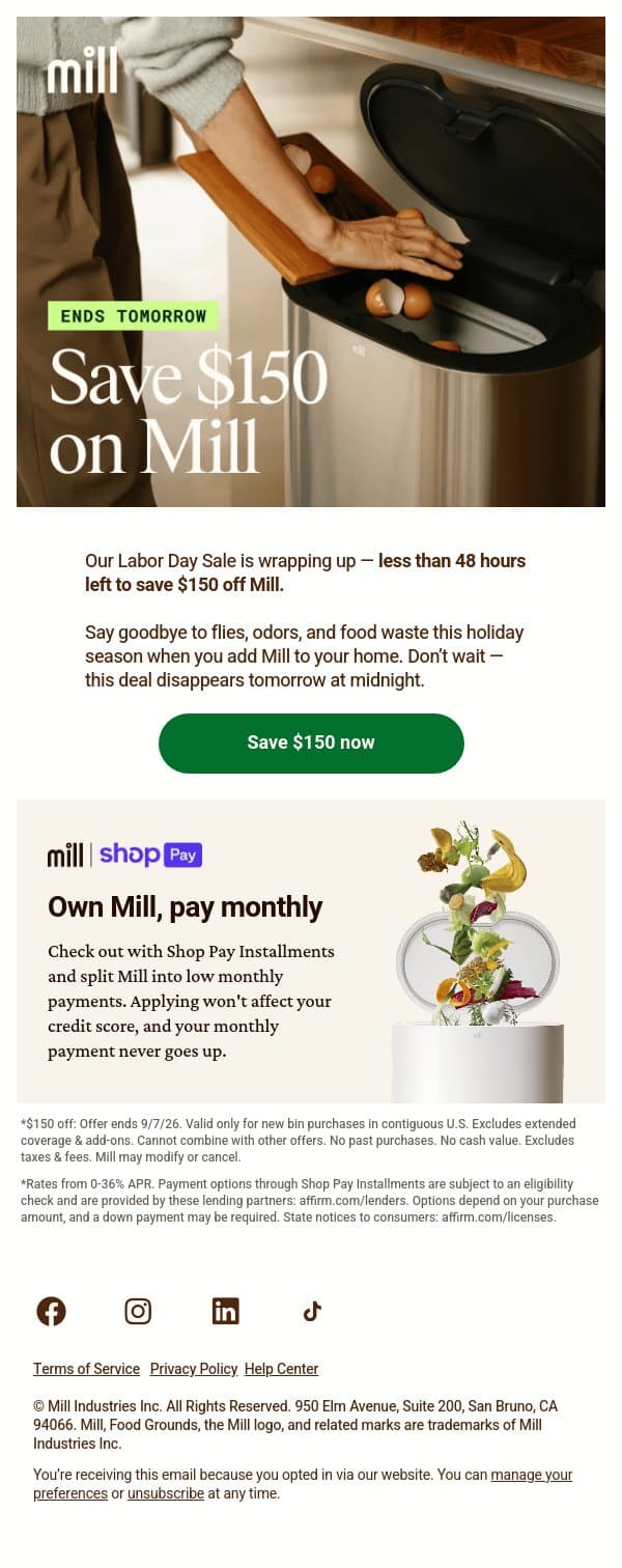 Labor Day ends tomorrow — save $150 email from Mill screenshot