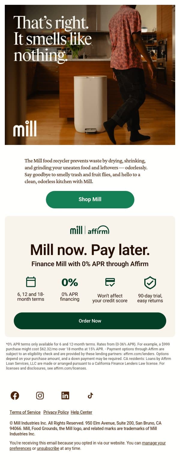 Love the smell of rotting food? email from Mill screenshot