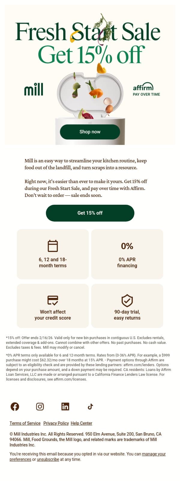 Get 15% off now. Pay over time. email from Mill screenshot