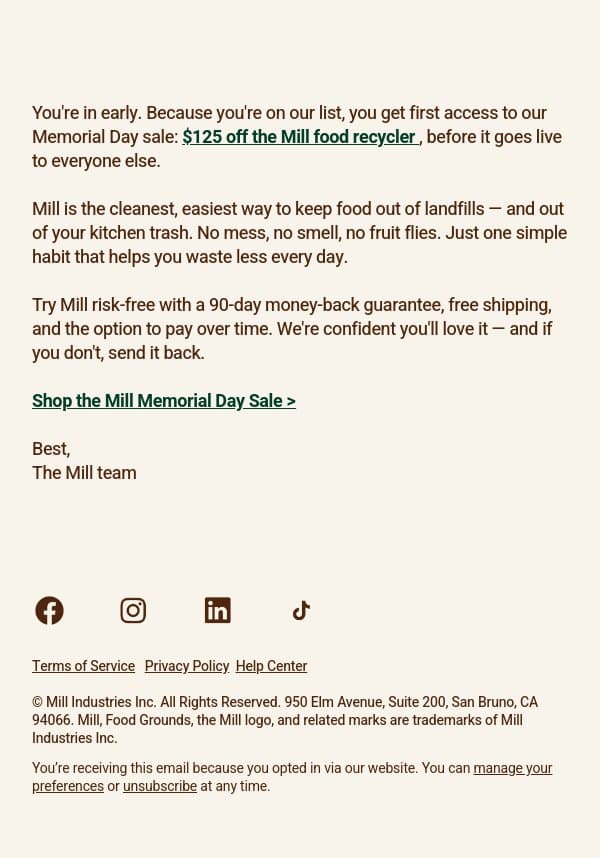Your early access to the Memorial Day sale email from Mill screenshot