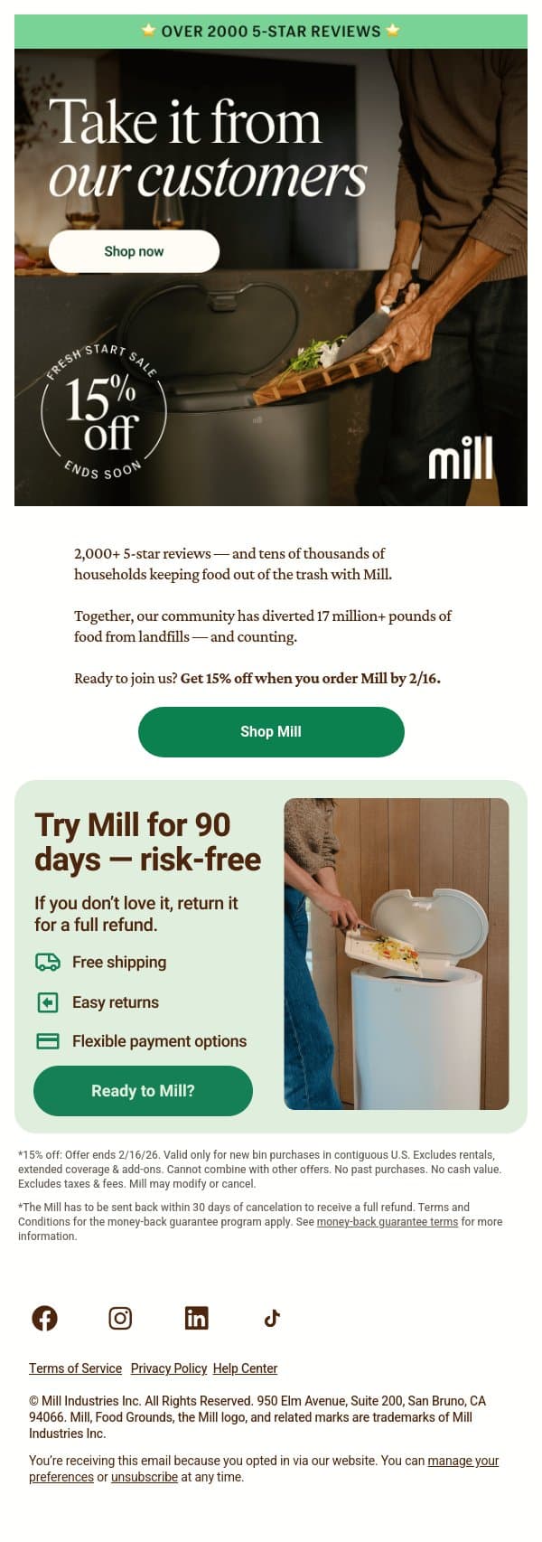 Thousands of ⭐️⭐️⭐️⭐️⭐️ email from Mill screenshot