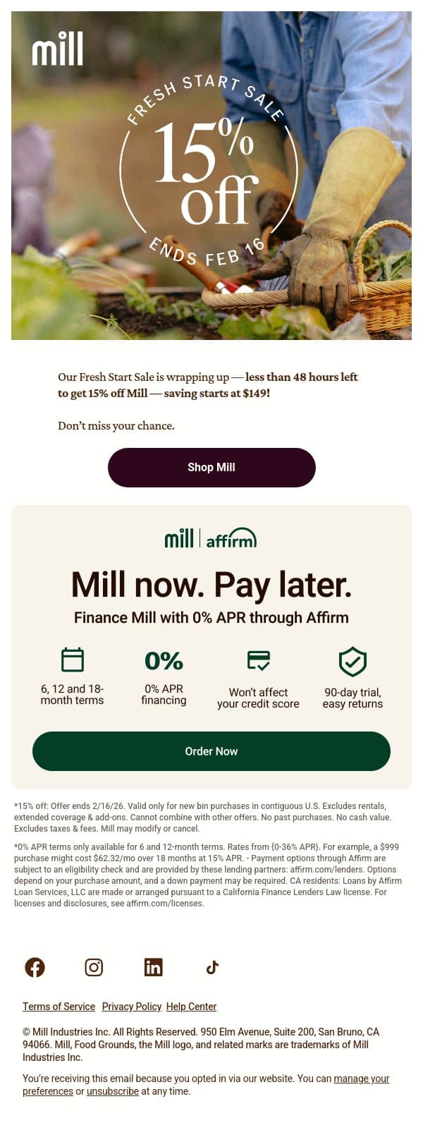 Sale ends Monday 😱 email from Mill screenshot