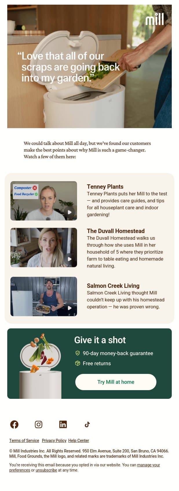 Our customers say it best ️ email from Mill screenshot
