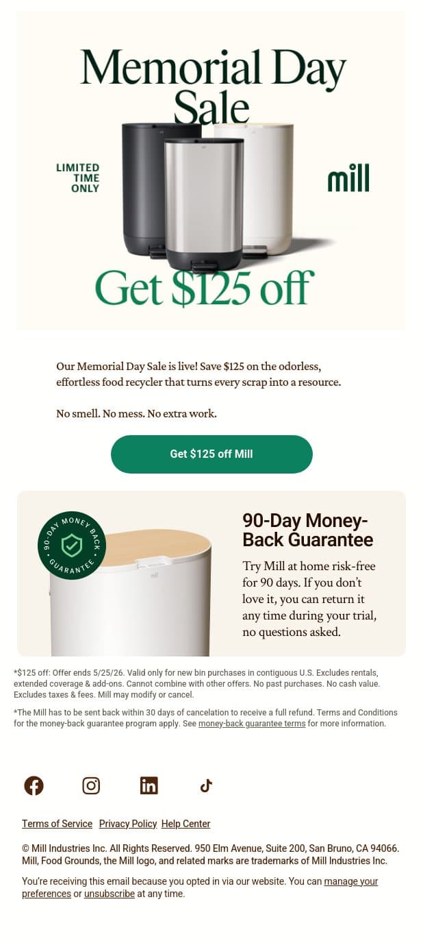 Memorial Day Sale: save $125 email from Mill screenshot