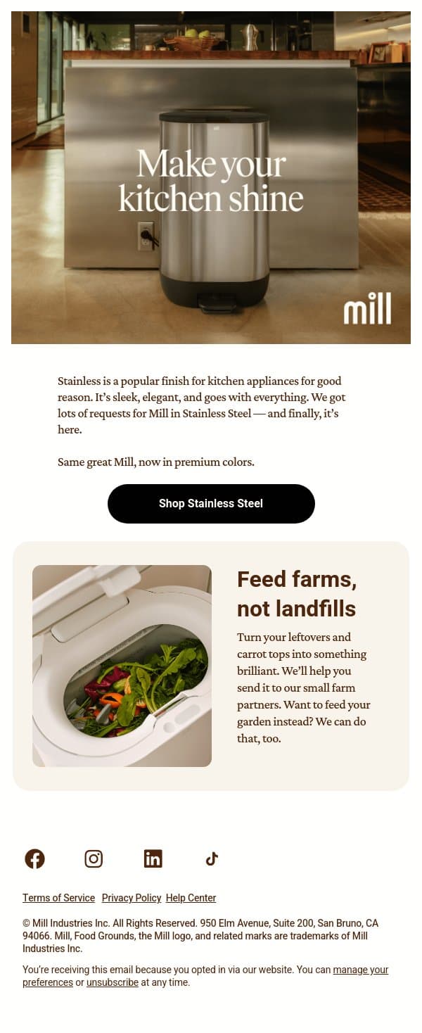 Stainless Steel is here to match your vibe email from Mill screenshot