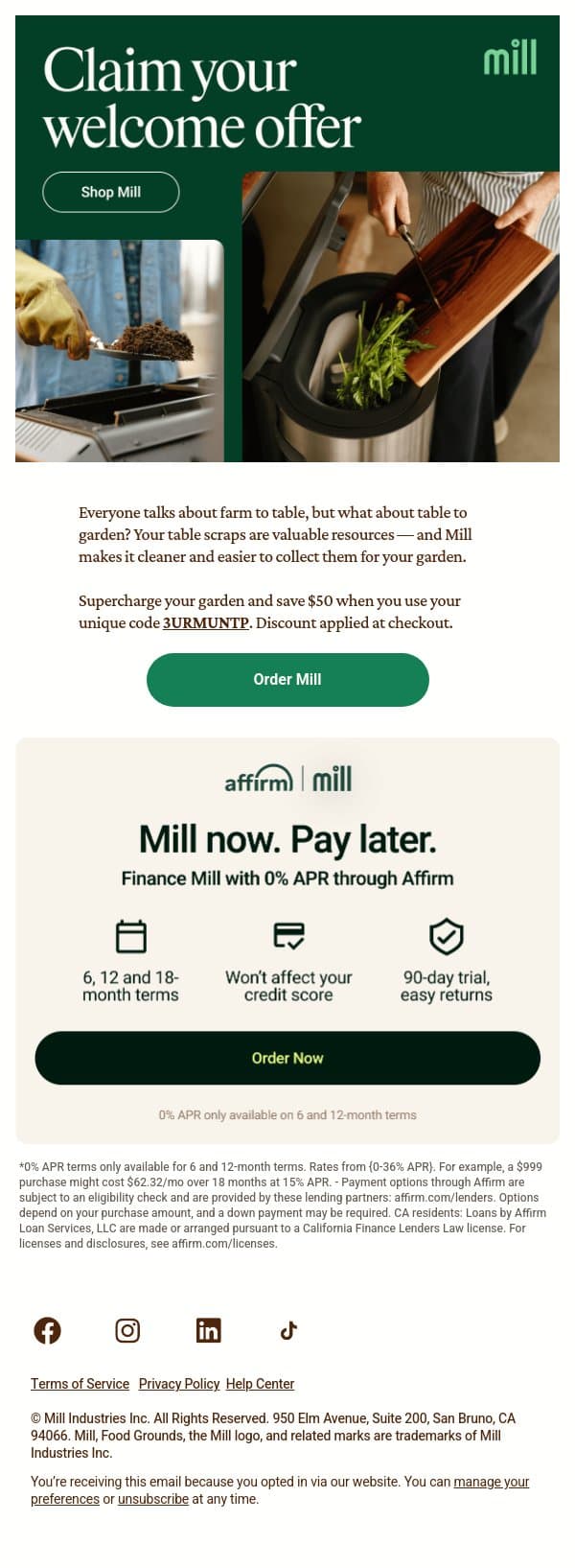 You still have $50 to spend on Mill email from Mill screenshot