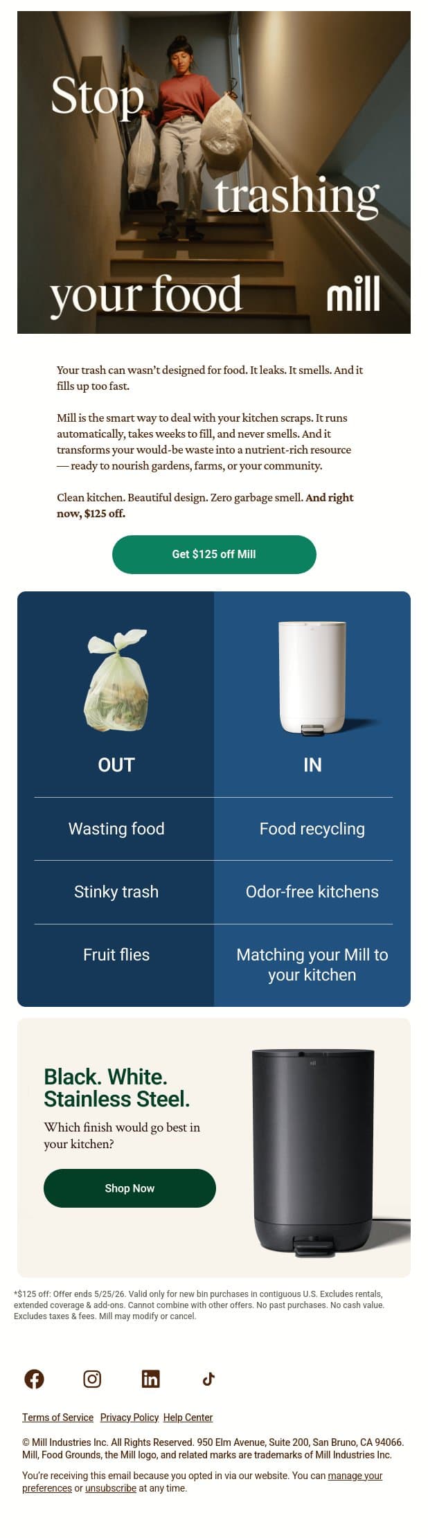 Ditch your trash can — save $125 on Mill email from Mill screenshot
