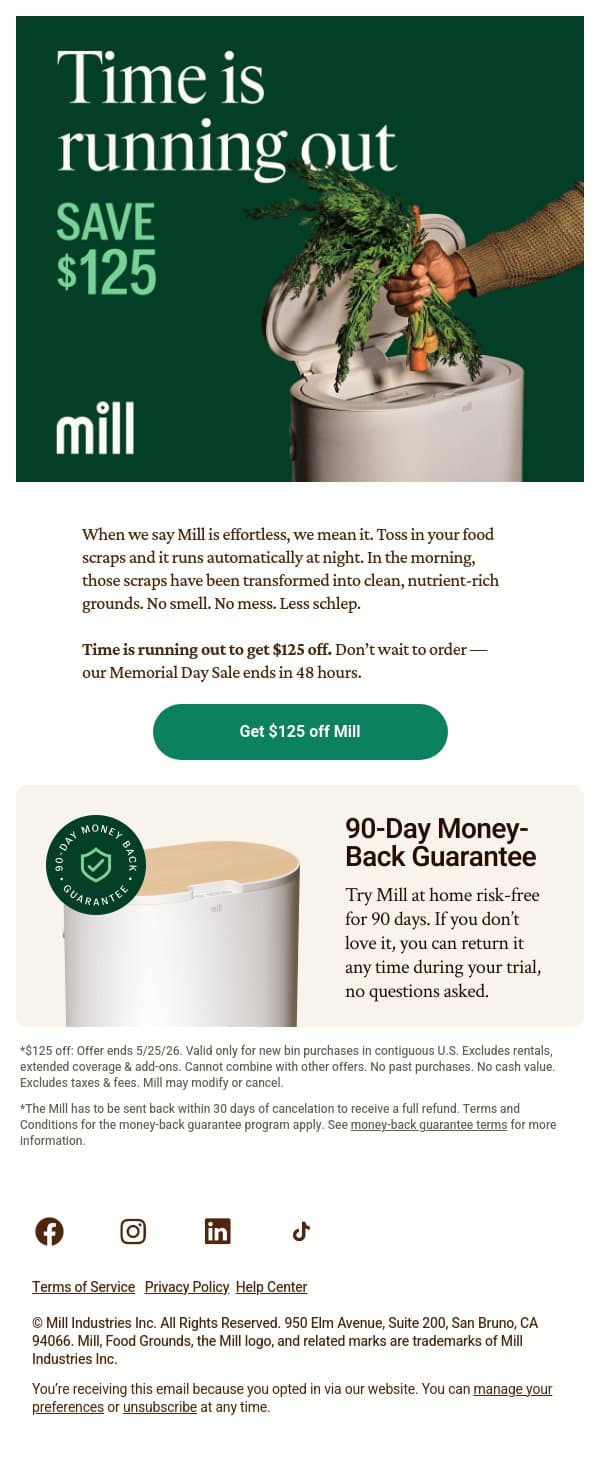 48 hours left to save $125 ⌛️ email from Mill screenshot