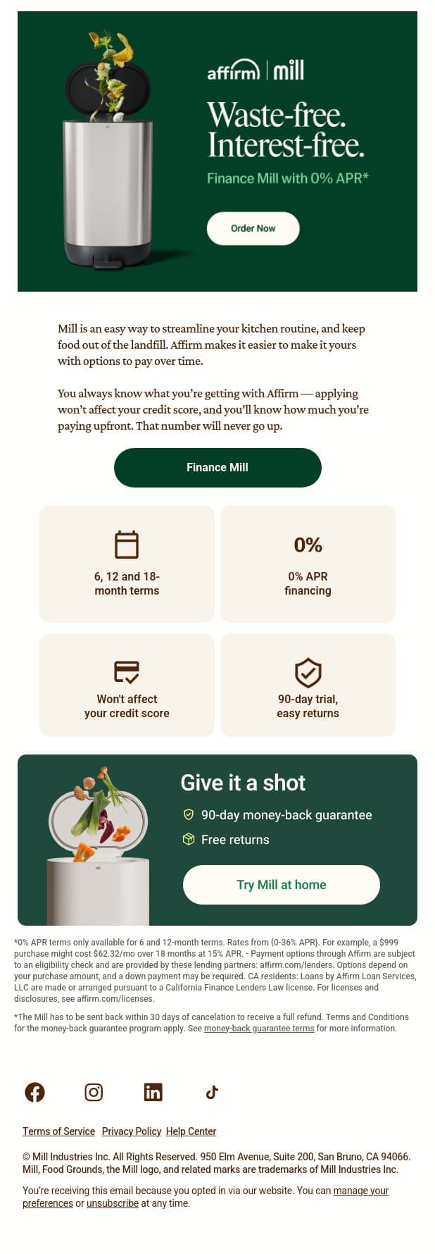 Pay over time with Affirm email from Mill screenshot