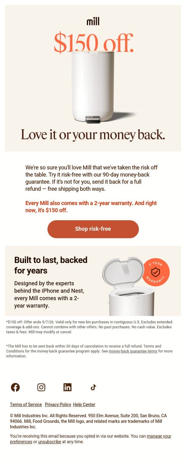 $150 off — and zero risk email from Mill screenshot