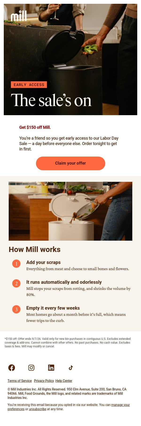 ICYMI: Early access ends tonight — $150 off ⏳ email from Mill screenshot