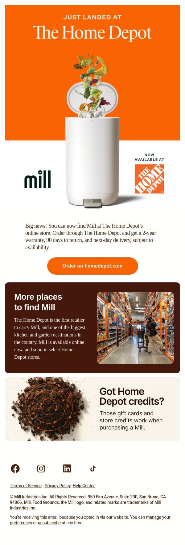 Now available at homedepot.com 📣 email from Mill screenshot
