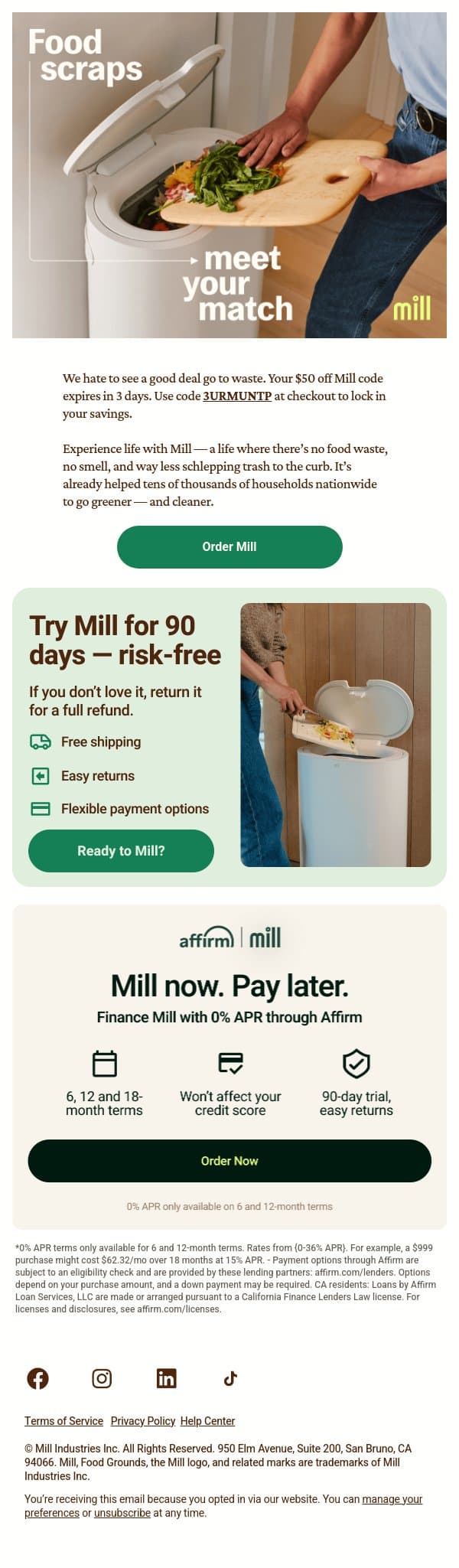 Psst…Your $50 expires soon email from Mill screenshot