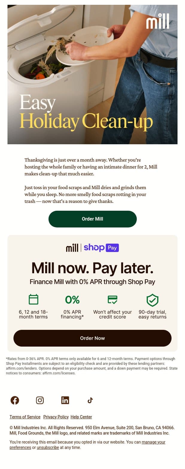 Holiday clean-up ready 🍗 email from Mill screenshot