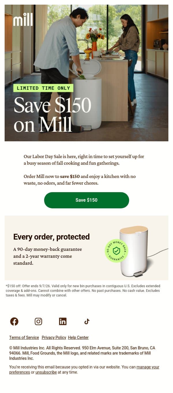 Save $150 on Mill now ♻️ email from Mill screenshot