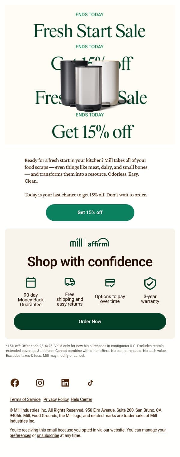 15% off — ends today ‼️ email from Mill screenshot