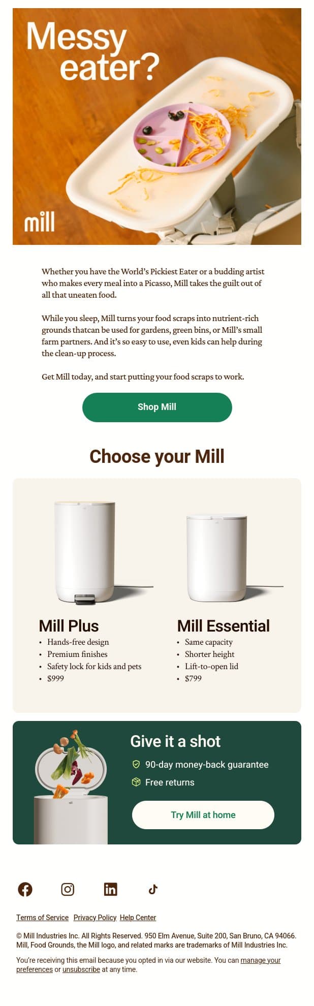 Dropped snacks. Uneaten bites. email from Mill screenshot