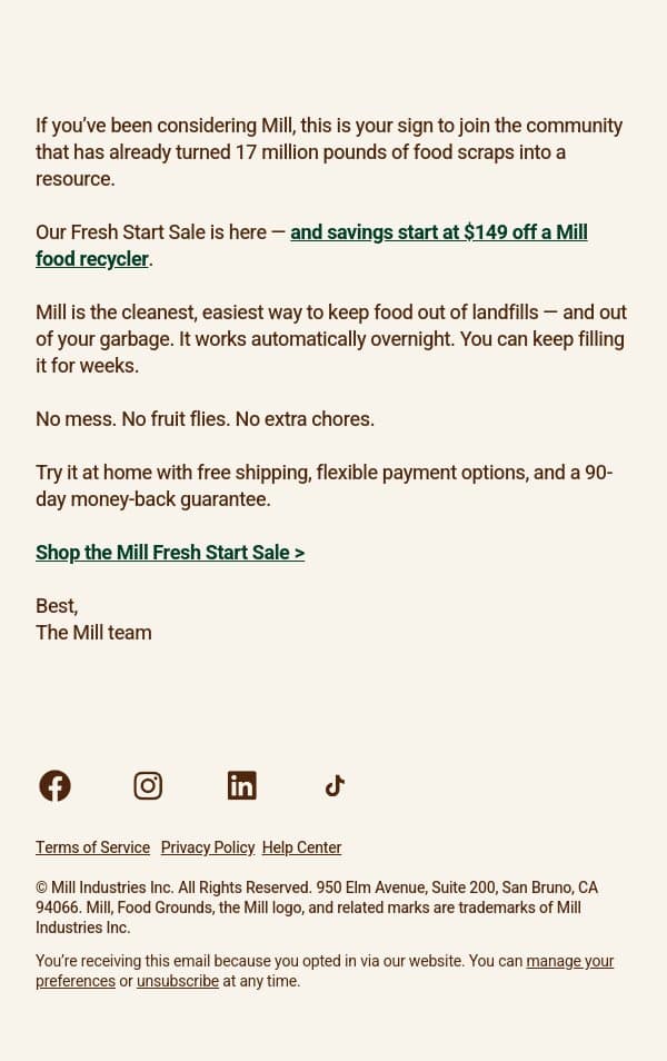 Our Fresh Start Sale is here ⭐ email from Mill screenshot