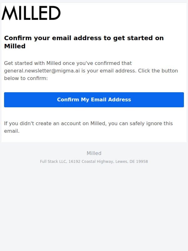 Confirmation instructions email from Milled screenshot
