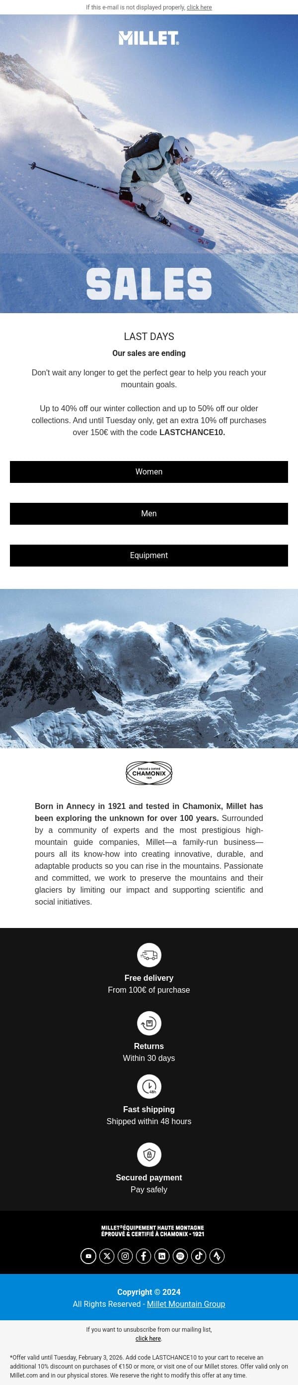 Last days to enjoy the sales email from Millet screenshot