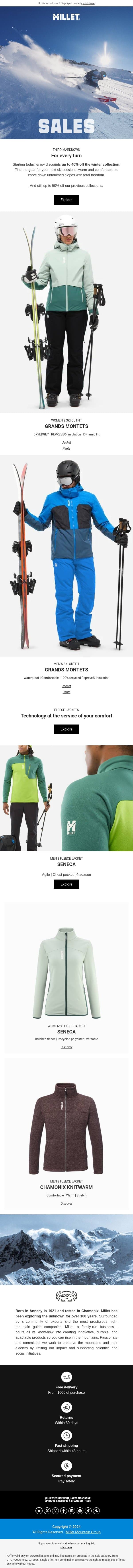 Sales: Gear up for skiing email from Millet screenshot