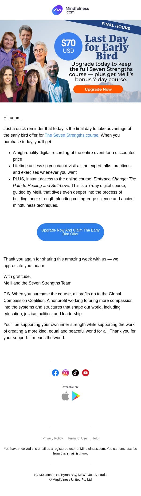 Last day for early bird: The Seven Strengths course email from Mindful screenshot
