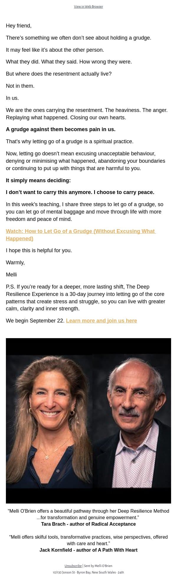 A grudge against them becomes pain in you. email from Mindful screenshot