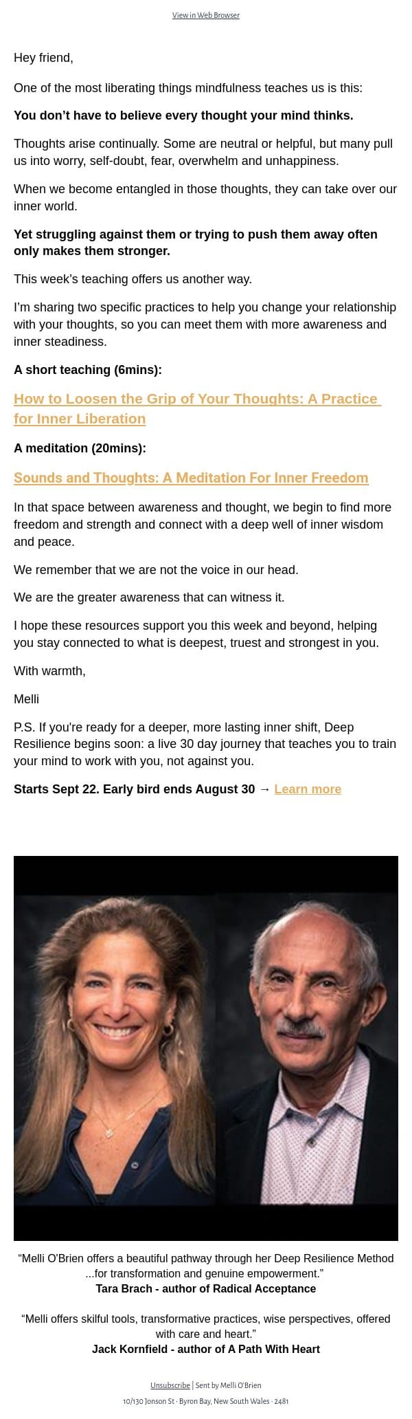 How to find more freedom from your thoughts email from Mindful screenshot