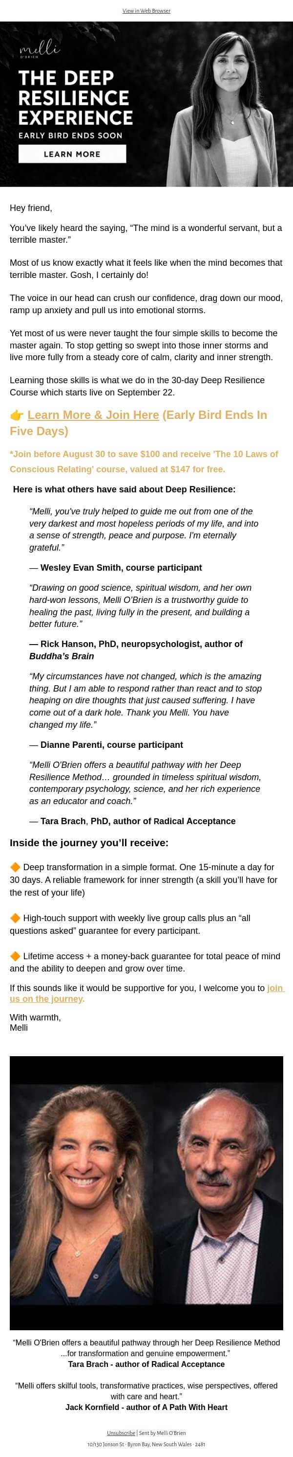 Deep Resilience Course: Early Bird ends August 30 email from Mindful screenshot