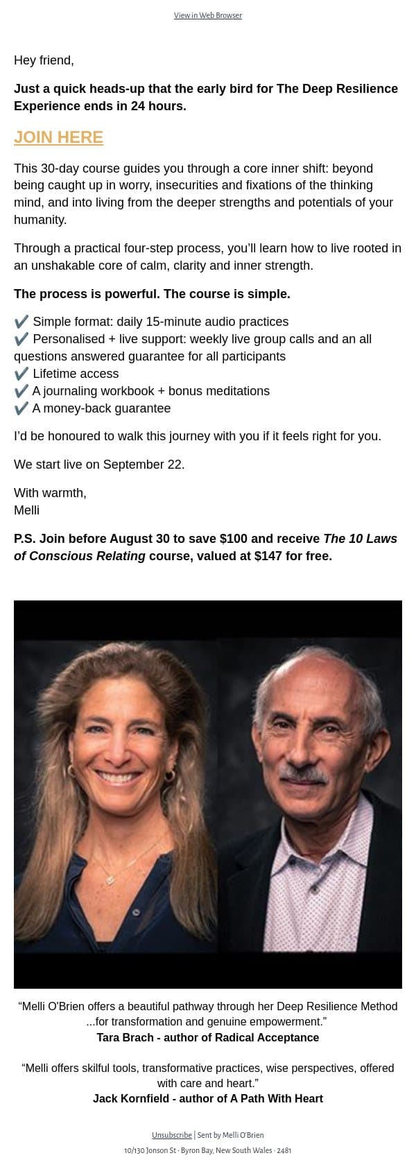 24Hrs To Go 🕊️ Deep Resilience Early Bird Closing email from Mindful screenshot