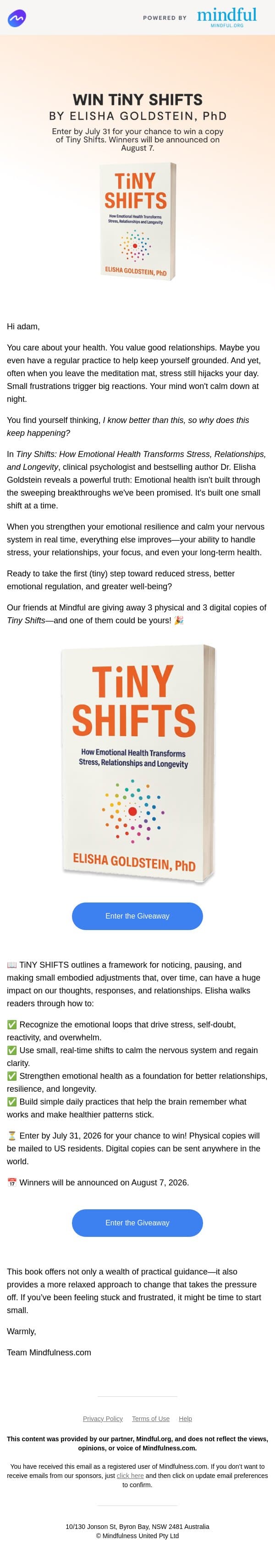 New Giveaway 🎉 For Lasting Change, Try Going Smaller email from Mindful screenshot