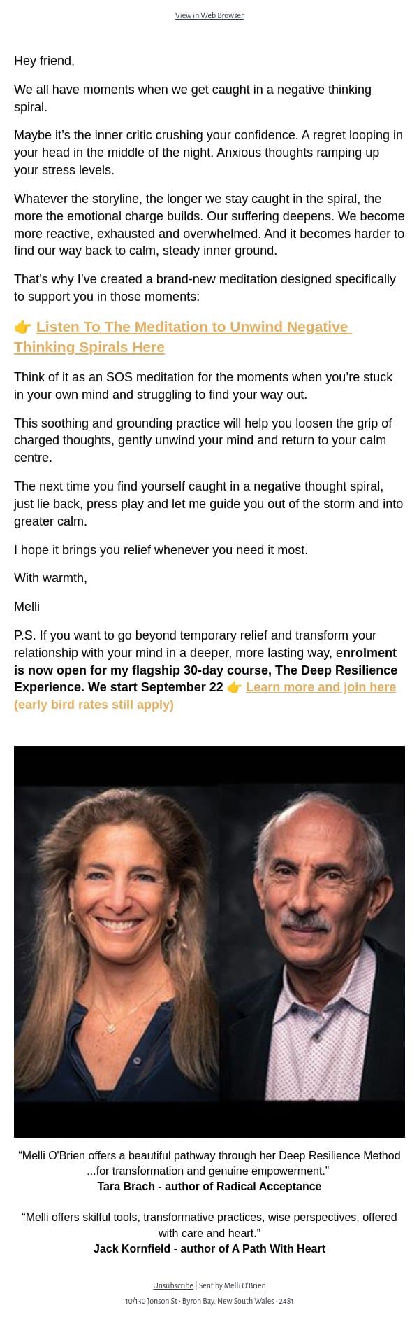 A Meditation to Unwind Negative Thinking Spirals email from Mindful screenshot