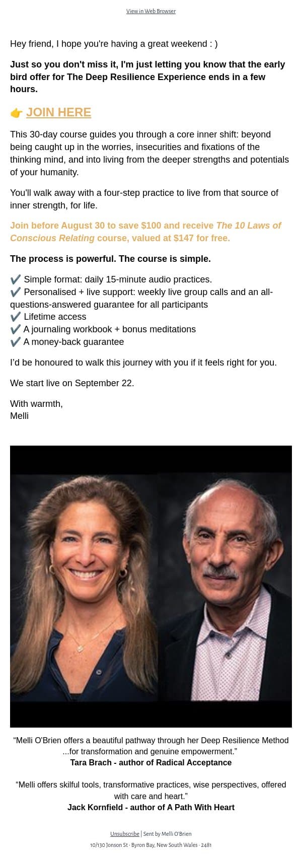 Last Call: Deep Resilience Early Bird End Tonight email from Mindful screenshot