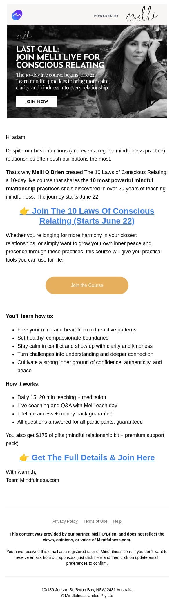 48 Hours Left: Join Melli O’Brien’s The 10 Laws Of Conscious Relating email from Mindful screenshot