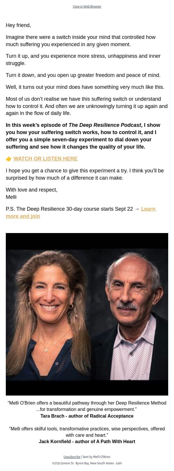 There’s a suffering switch inside your mind… email from Mindful screenshot