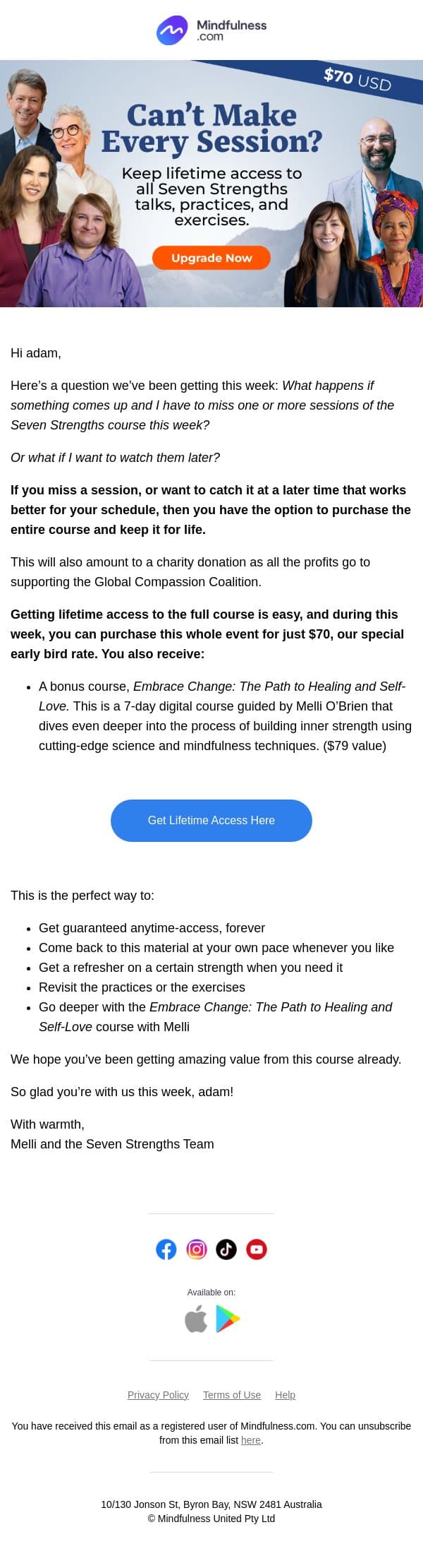What if you can’t make one or more sessions this week? email from Mindful screenshot