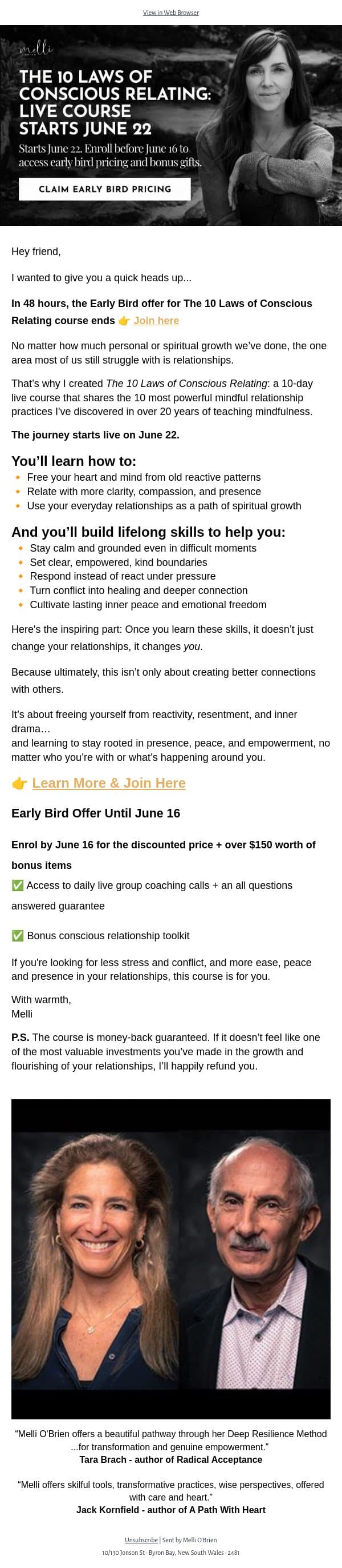 48 Hours Left: The 10 Laws of Conscious Relating Early Bird Offer email from Mindful screenshot