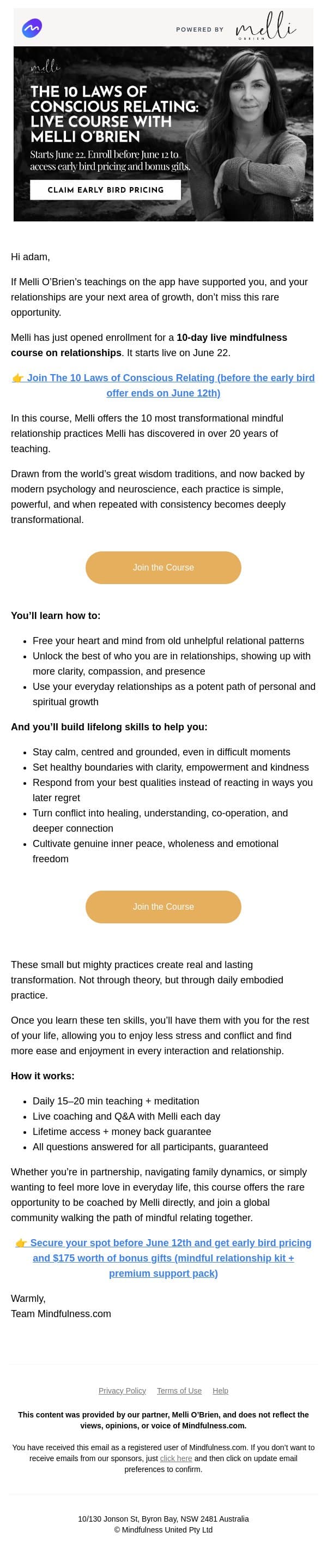 New live 10 day relationships course with Melli O’Brien 💛 email from Mindful screenshot