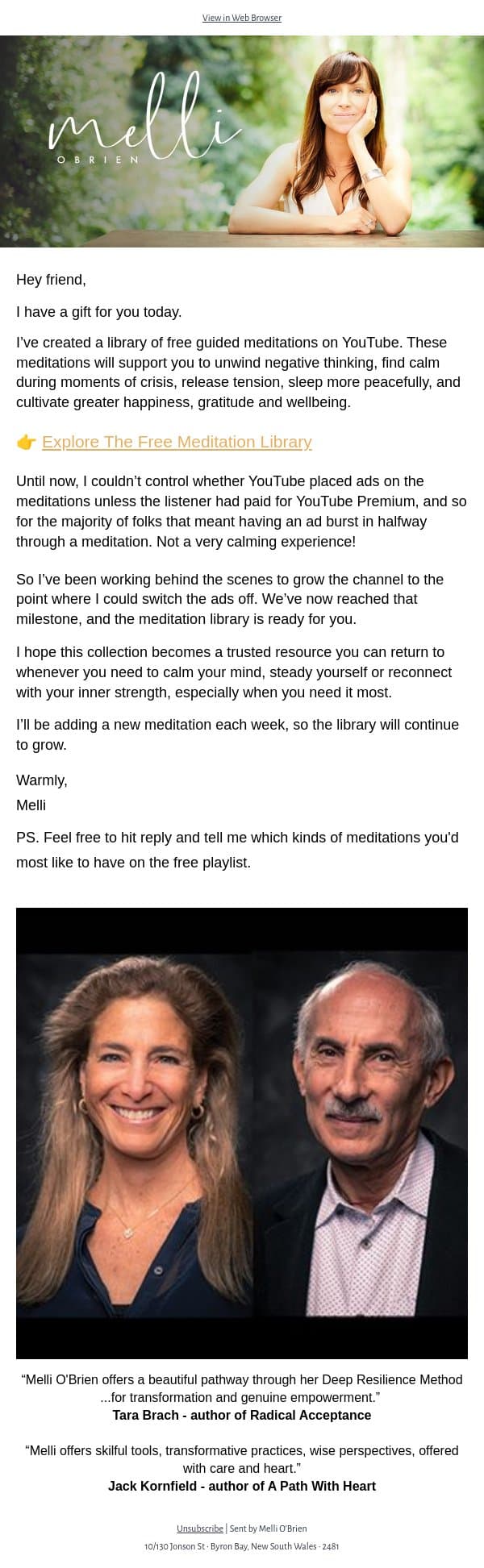 A library of free meditations. My gift to you email from Mindful screenshot