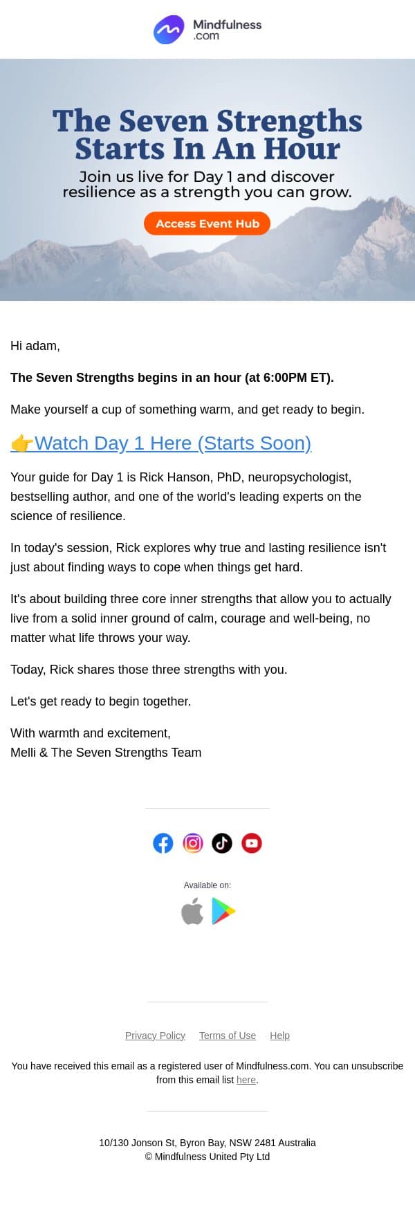 We start in an hour: The Seven Strengths email from Mindful screenshot