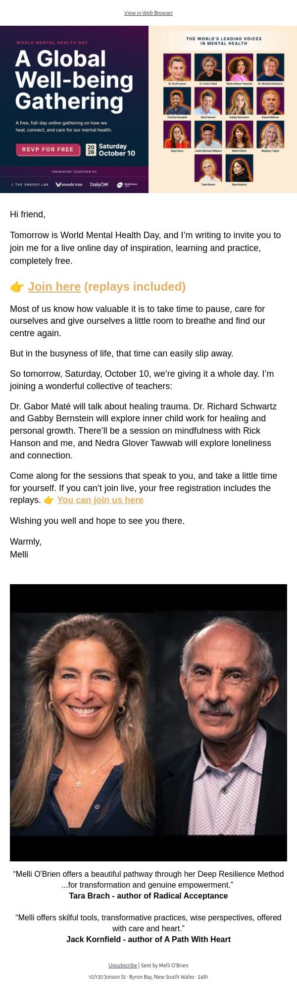 Will you join me live tomorrow? Special event for World Mental Health Day. email from Mindful screenshot