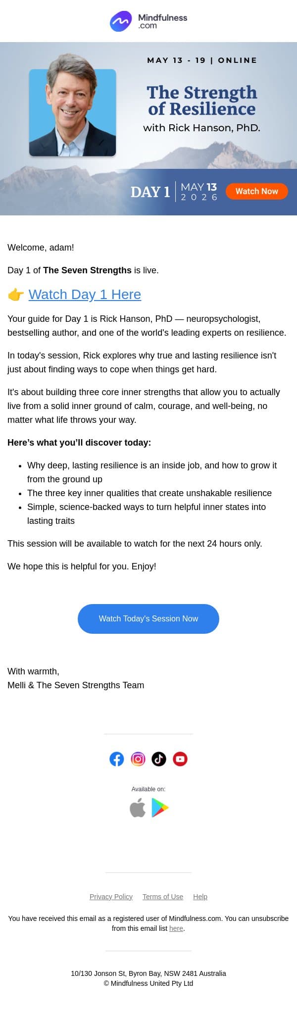 We’re Live: Day 1 of The Seven Strengths email from Mindful screenshot